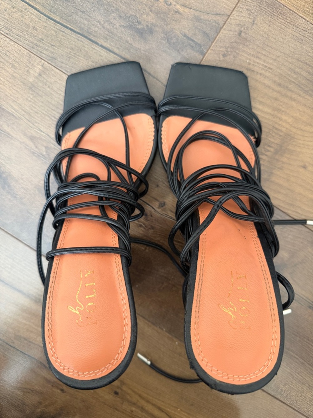 Oh Polly Black Lace-Up Square Toe Sandals with Orange Insole